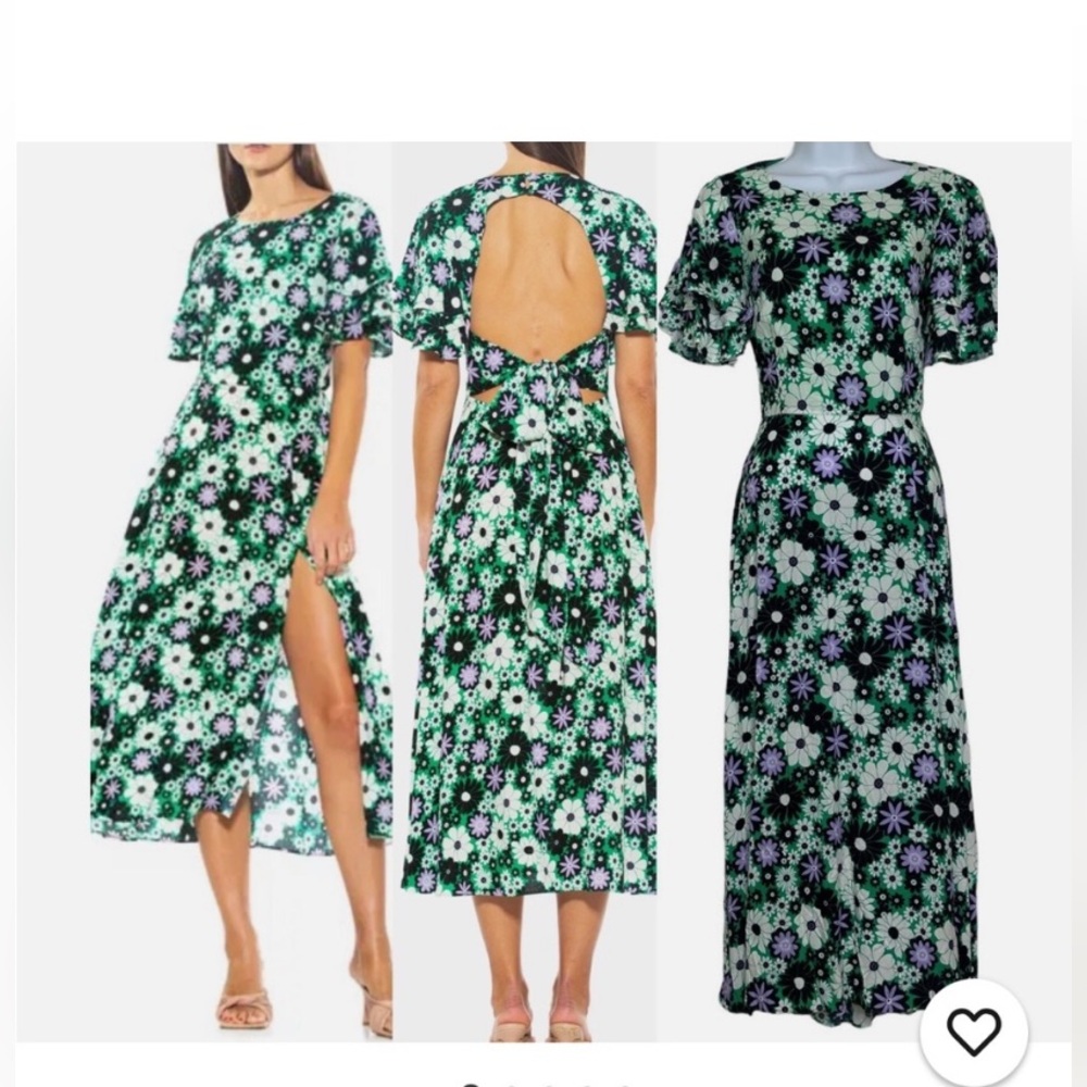 NWT Alexia Admor Liliana Ruffle-Sleeve Floral Midi Dress 🖤💚💜 Size 6, Tie Back
